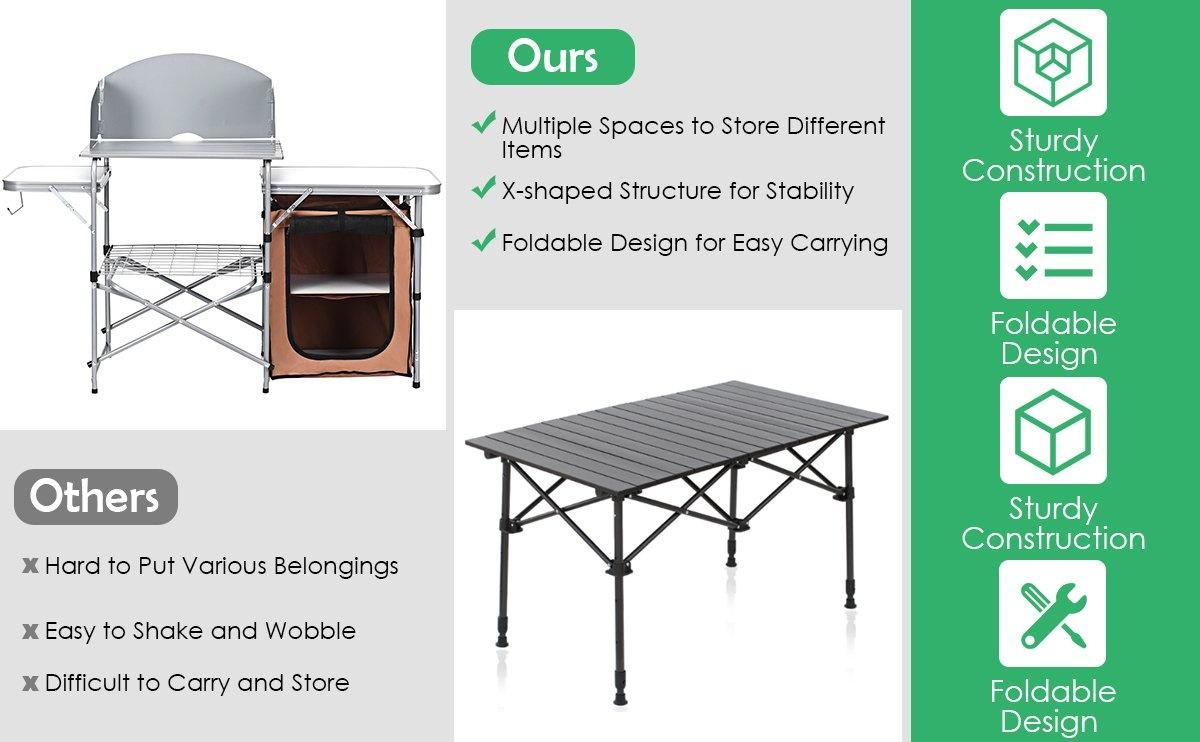Camping Kitchen Table Quick Set-Up Folding MDF Table with Steel Frame & Aluminum Top Ideal for BBQs Picnics RV Traveling Lightweight 21 lbs