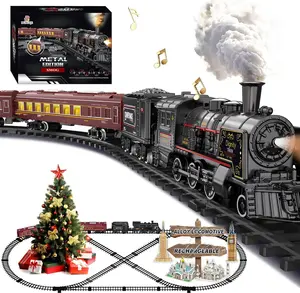 Electric Train Sets for Kids Metal Alloy Christmas Train Toys Steam Locomotive, Glowing Passenger Carriages, Luxury Tracks, Light & Sounds Rechargeable Birthday Gifts for Boys Girls Red