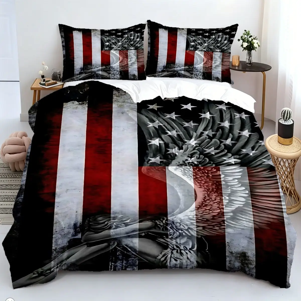 2/3 Piece Patriotic Themed Bedding Set: Eagle And American Flag Print Duvet Set, Duvet Cover Sets, Soft And Breathable, Easy Maintenance, 1 Duvet Cover+1/2 Pillowcase, No Padding/Zipper Closure, Bedroom Decoration Bedding