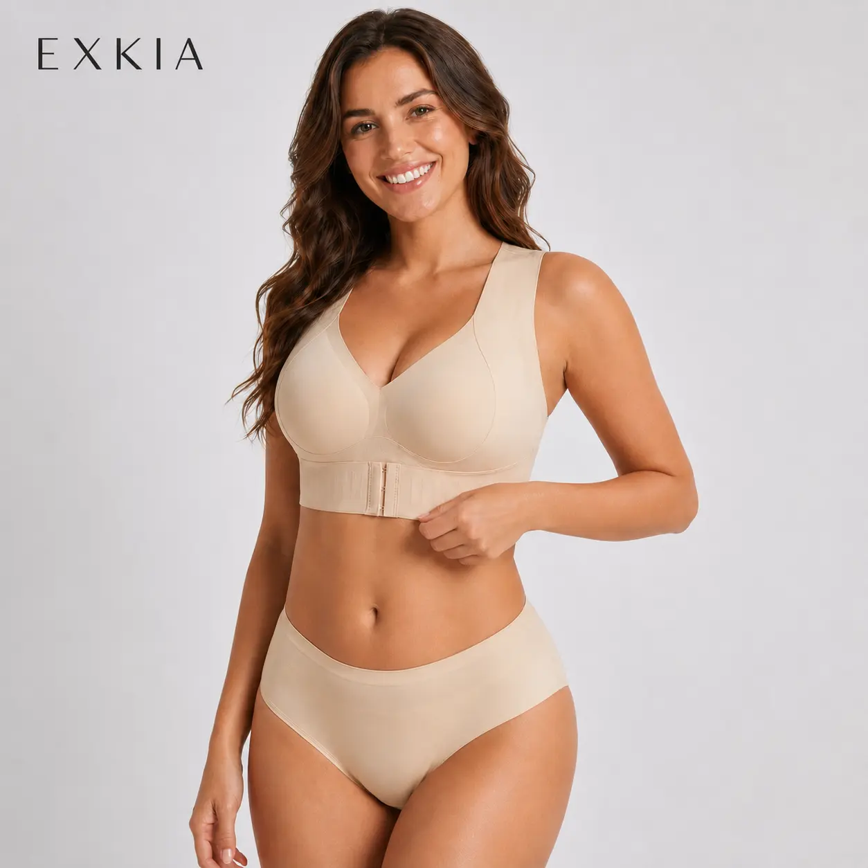 Women’s Beige Wireless Front Closure Bra, Full Coverage No Underwire Support Bra, Soft Breathable Bra with Non-Removable Molded Cups for Daily Wear & Light Workout