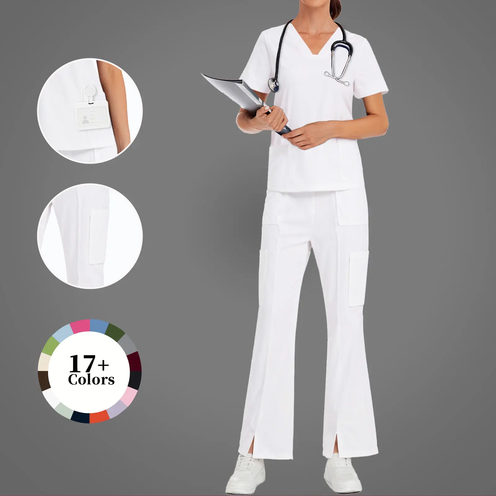 Cimmuovere Women's Medical Scrubs Set V-Neck Short Sleeve Top & Matching Pants White Nurse Uniform with Pockets Comfortable Stylish Ideal for Healthcare Professionals