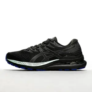 All-black breathable mesh running trainers with subtle mint and royal blue contrast cushion layers, rear stabilizing shock pods, high visibility color accents. Perfect for evening jogs