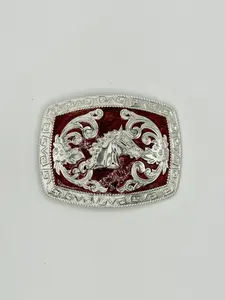 Horse head designed belt buckle- silver/maroon