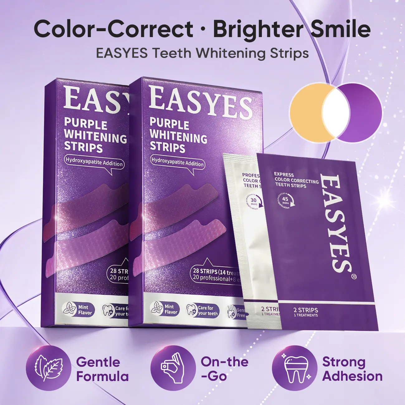【Easyes】 Purple Teeth Whitening Strips - 7/14 Whitening Sessions Residue-Free Non-Slip Dry Strip Technology Safe for Enamel Non Sensitive Teeth Whitening Neutralizes Yellow Teeth-Max