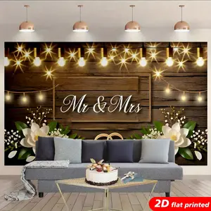 Rustic Wood Floral Tapestry Wall Hanging, 2D Flat-Printed Flower Design Backdrop, Mr & Mrs Themed Wedding Gift, Lightweight Home & Festive Party Supply (Room Decor & Photo Booth Use)