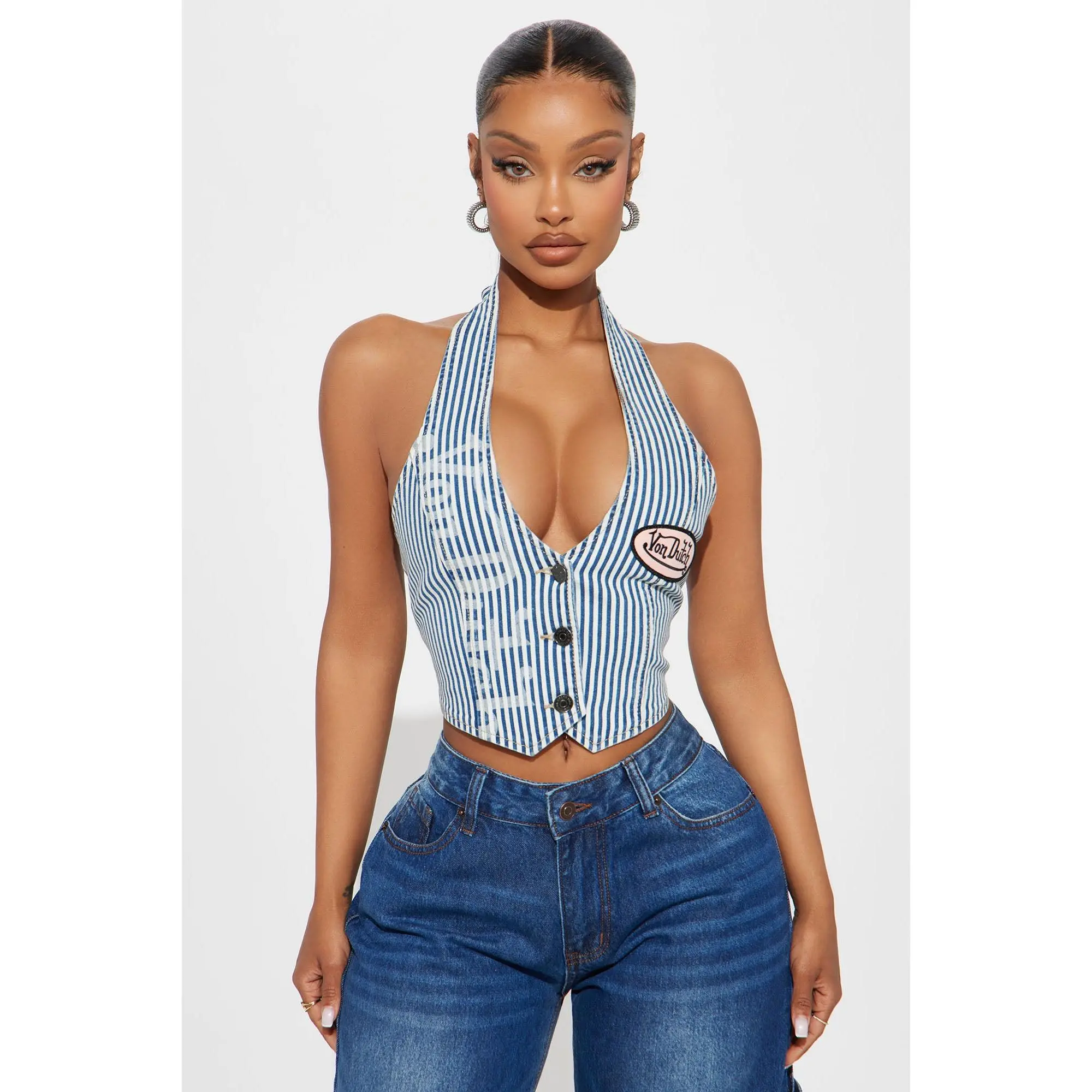 Von Dutch Tie Back Denim Vest - Light Wash