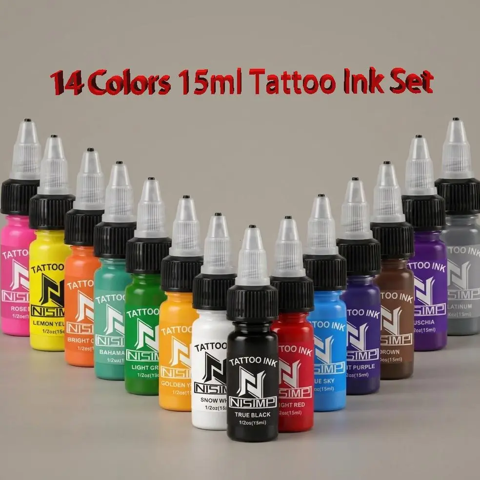 14 Color Tattoo Ink Set, Permanent and Long-Lasting Body Art Ink, 15ml Pigment Bottles for Tattoos, Tattoo Inks Set, Body Art Temporary Tattoos