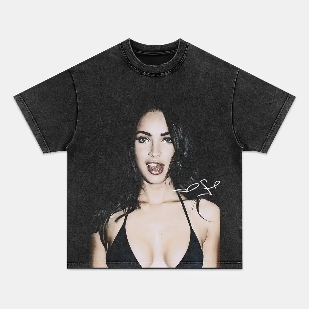 Women's Seamless Day Short-Sleeve Aesthetic T-Shirt - Vintage Washed Black, Heavyweight Cotton, Retro Moody Tone Megan Fox Tongue-Out Portrait, White Hand-Style Signature Full-Front Black-Pattern Printed, Hollywood Pop Culture Fan Streetwear