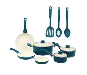 Mainstays 12 Piece Ceramic Nonstick Aluminum Pots and Pans Cookware Set, Blue
