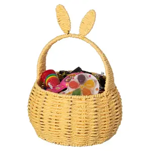 360 stand Hand-Woven Easter Bunny Ear Paper Rope Wicker Basket with Handle - Lightweight Multi-Purpose Organiser for Flower, Gift, Fruit Storage; Room Home Organization, Kitchen Wall Decor (Yellow, Model QI004723.YL), Decorative