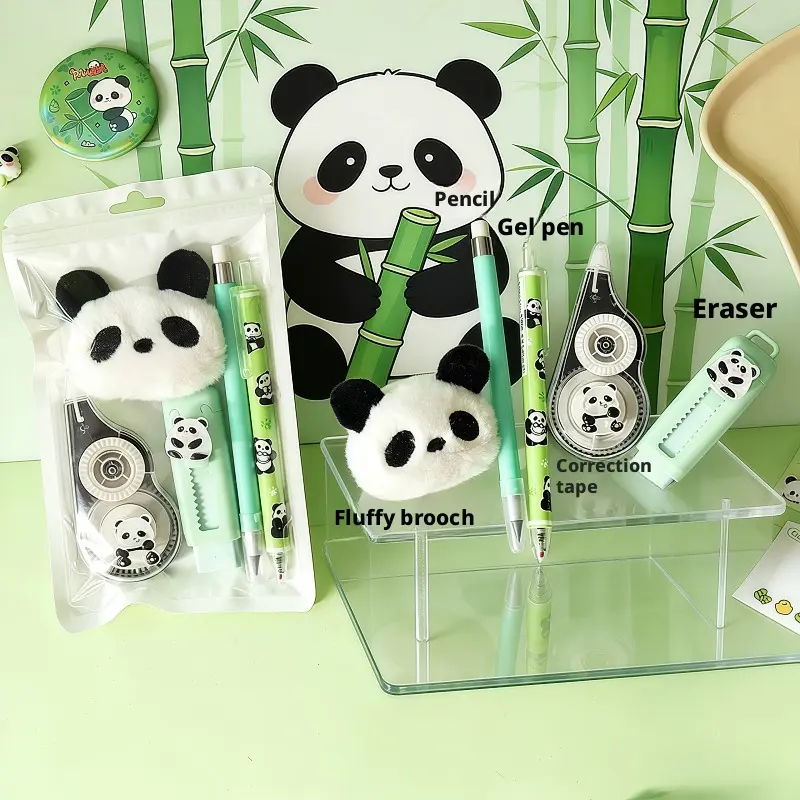 5-piece cartoon panda stationery set, creative, including neutral pen, pencil eraser, correction with panda brooch, suitable for school classroom rewards, Aesthetic school supplies, Office School Supplies, Study Supplies