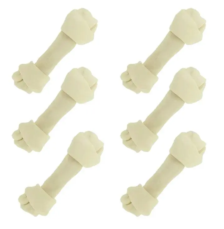 Natural Rawhide (Beefhide) Knot Bone Treats for Small Dogs - 6-Pack Long-Lasting Chewing Aid