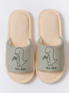 Cute Dino Print Playful 1 Pair Anti-Skid Linen Slippers, Cozy Breathable Lightweight All Season Home Shoes for Women Men Family Guest Daily Wear