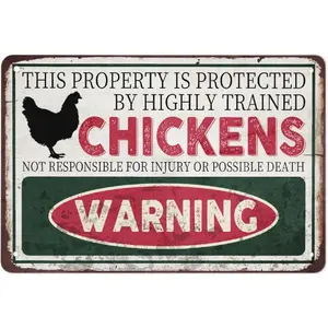 Chicken Warning Sign Chicken Metal Poster- Funny Wall Decor for Home, Kitchen, Door, Man Cave, Bar, Outdoors