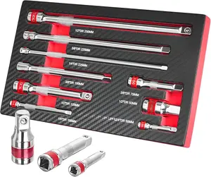 9 count Ratchet Extension Set, 1/4" 3/8" 1/2" Drive Extension Set, CR-V Steel with Mirror Chrome , EVA- Tray