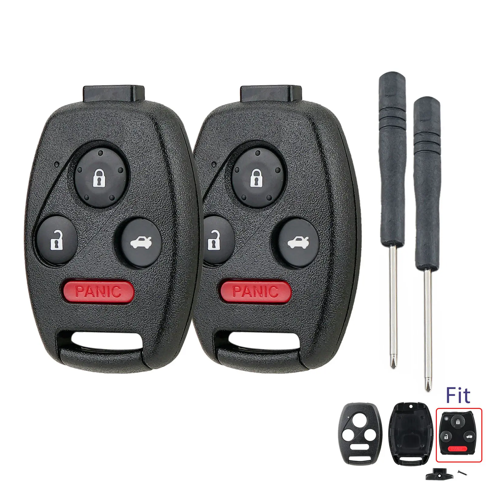 Car Key Accessory Auto Accessories 2-Pack Plastic 4-Button Honda Remote Key Shells - DIY Uncut Replacement Fobs with 2 Screwdrivers, Lock, Unlock, Panic Ready, Power Door Release (2006-2015 Accord,Civic,Pilot;2009-2015 Fit) - No Cutting/Logo/Programming