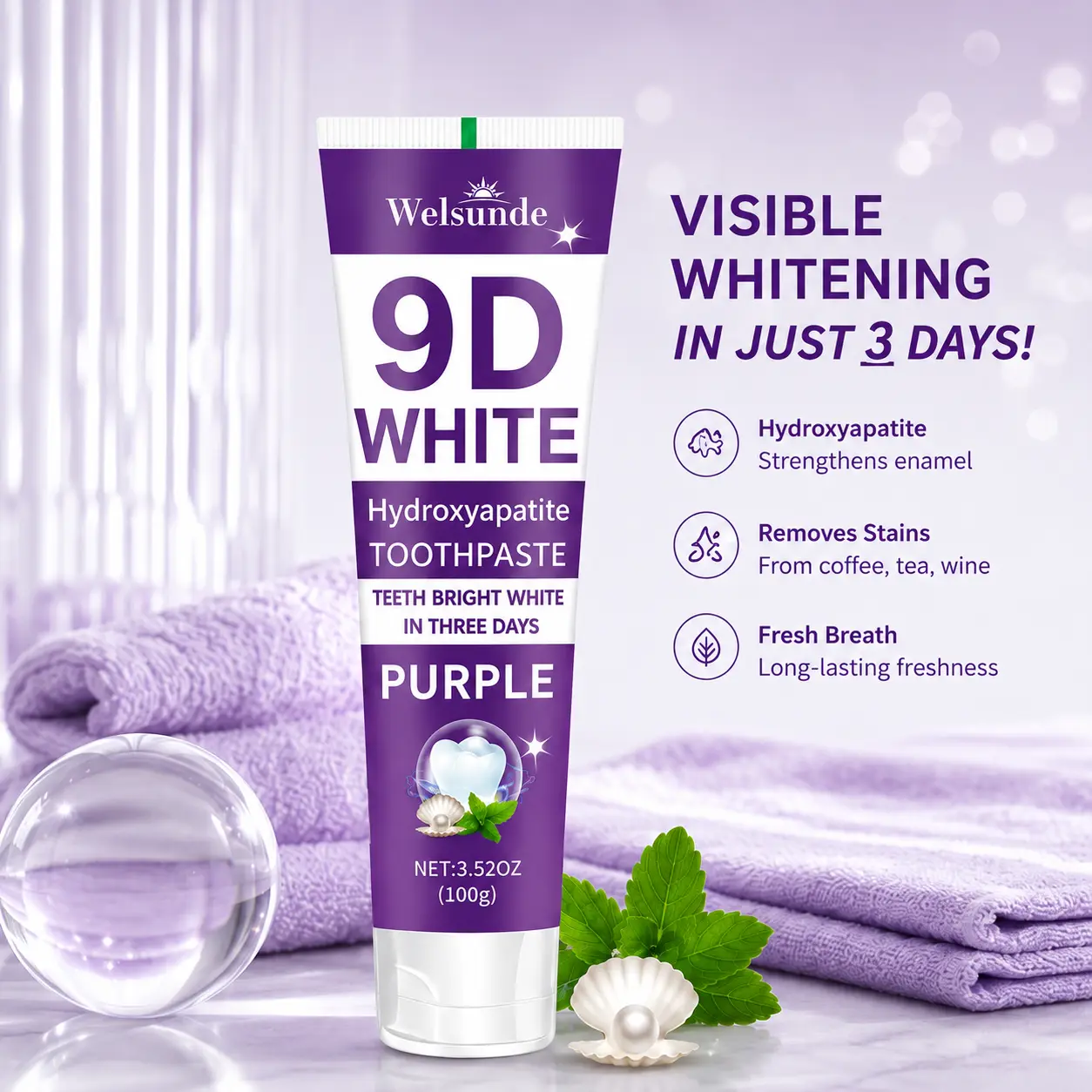 Hydroxyapatite Welsunde Toothpaste, 3.52oz Fluoride-Free Gentle Formula for Sensitive Teeth, Enamel Repair, Teeth Whitening & Gum Health, Fresh Mint Flavor for Bright Smile