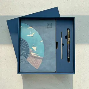 CHINSIKOL Gift Box Set, Chinese Style Leather Notebook Journal, Fan Element Embossed, Soft Leather Cover, Thick Pages, Includes Metal Pen and Replacement Ink Cartridges