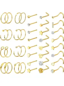 23/40 Pieces Nose Piercing Nose Ring 20G Silver Nose Piercing Surgical Steel Set L-Shaped Gold Nose Stud Nostril Piercing Ring with CZ Nose Piercing Jewelry for Women Men