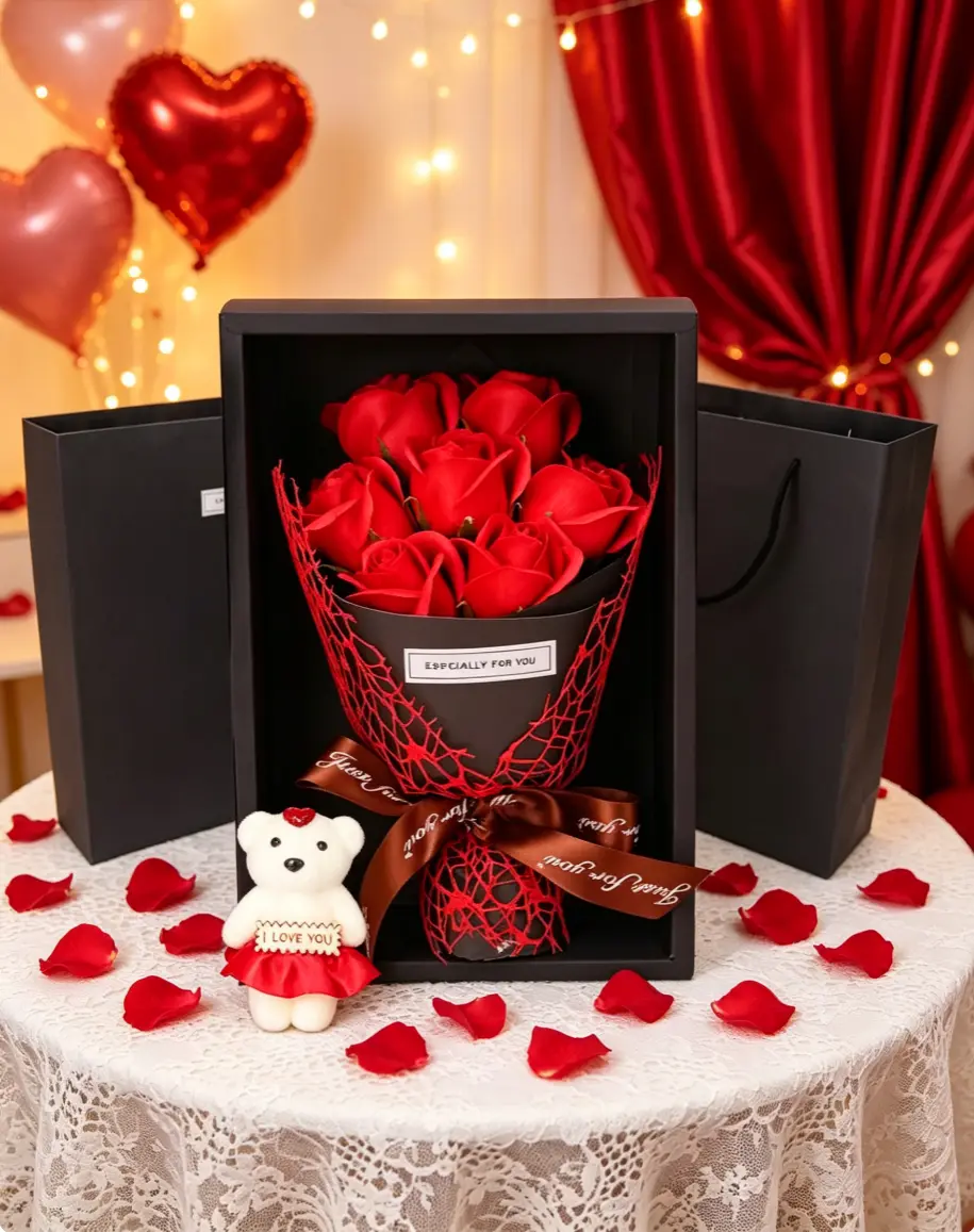 Teddy Bear Red Soap Rose Box | Gift For Valentine, Birthday & Anniversary，Luxury Black Gift Box Soap Rose Bouquet With Cute Teddy Bear, Long Lasting Romantic Gift For Valentine’s Day, Anniversary & Birthday