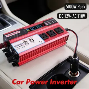 Universal Car Power Inverter 3 AC Power Outlets 4 USB Charging Ports DC 12V to 110V AC 5000W Peak Power Compact Vehicle Converter for RV Truck Boat Camping Outdoor Travel Emergency Backup Power