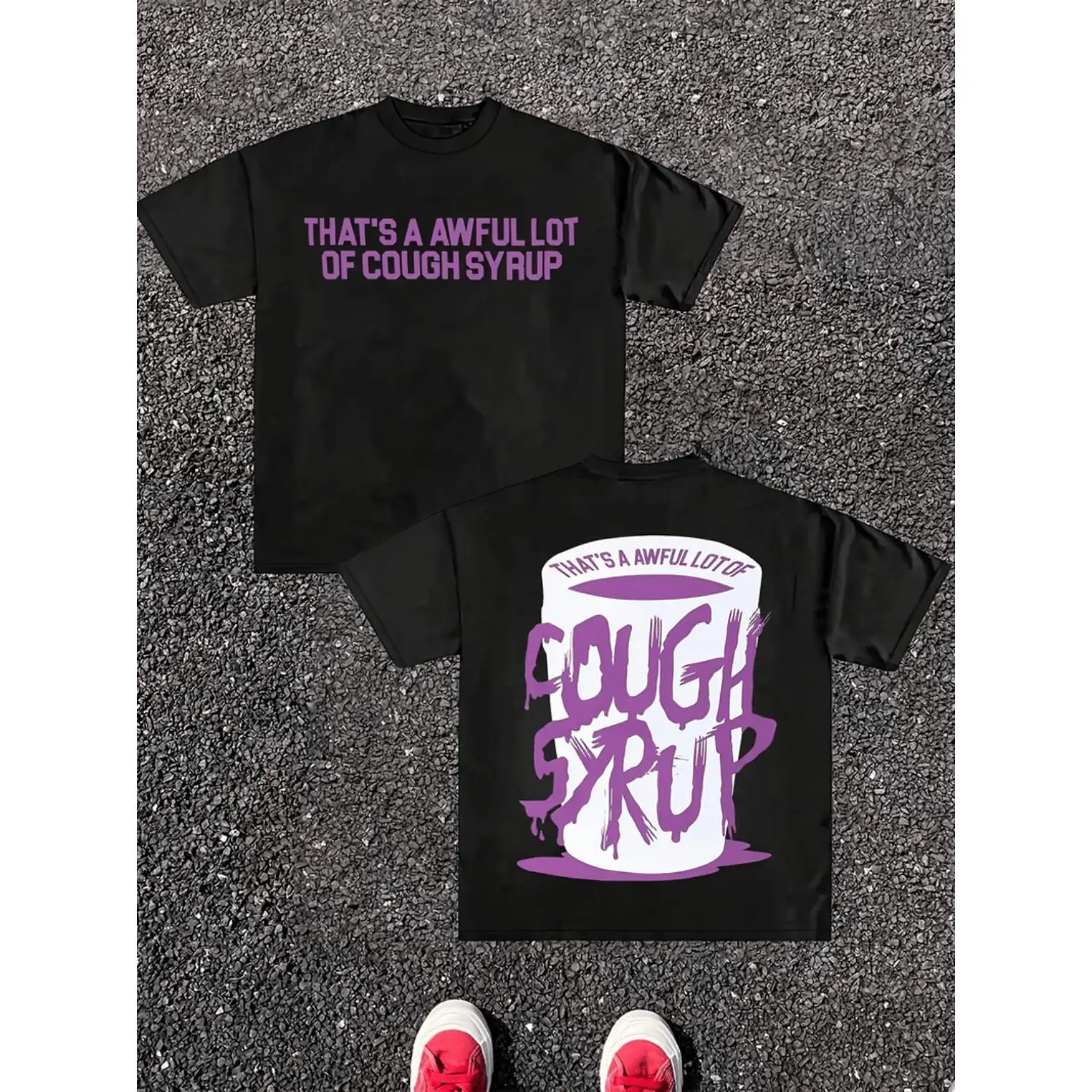 Men's Casual Summer Street Style Fashion Apparel Graphic Tee - Black Crew Neck Top, "That's A Lot Of Cough Syrup" & Dinosaur Prints, Lightweight Breathable, Ideal for Outdoor Sports, Good Graphic Tees & Shirts, Aesthetic, Cargo Pants, Tops, Shortsleeve