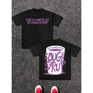 Men Casual Summer Graphic Tee Black Crew Neck T Shirt Featuring That's A Lot Of Cough Syrup Print Lightweight Breathable Design Ideal For Outdoor Sports And Activities
