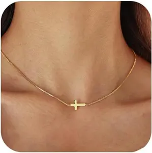 Cross Necklace for Women, Dainty Gold Plated Cross Pendant Small Cross Choker Cute Gold Necklaces for Women Trendy Faith Jewelry