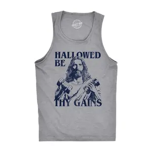 Mens Hallowed Be Thy Gains Fitness Tank Funny Sarcastic Jesus Graphic Novelty Sleeveless Tee for Men Funny Workout Shirt for Men with Plus Sizes Sarcastic Tank Top for Men Funny Fitness Sleeveless Tee Novelty Light Grey