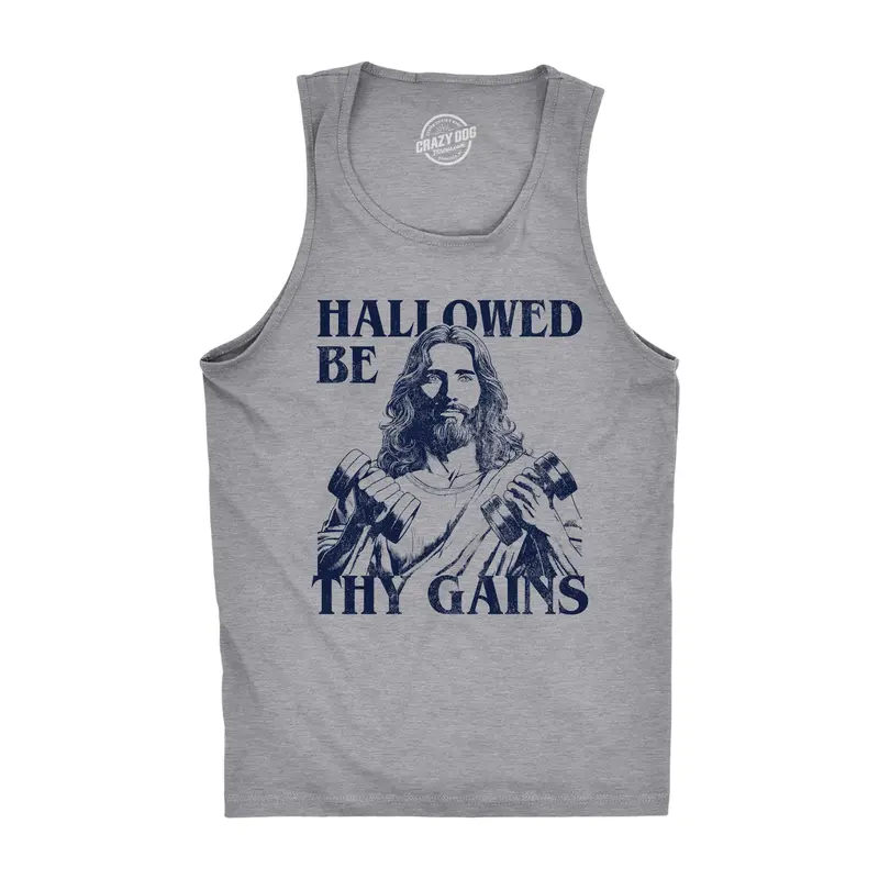 Mens Hallowed Be Thy Gains Fitness Tank Funny Sarcastic Jesus Graphic Novelty Sleeveless Tee for Men Funny Workout Shirt for Men with Plus Sizes Sarcastic Tank Top for Men Funny Fitness Sleeveless Tee Novelty Light Grey