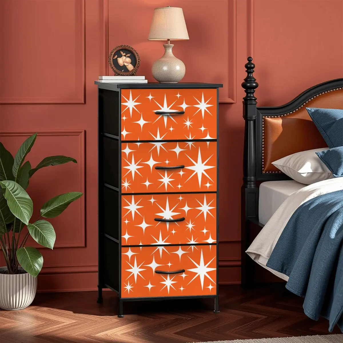 Atomic Starbursts Mid Century Modern Orange Retro 4-Drawer Dresser