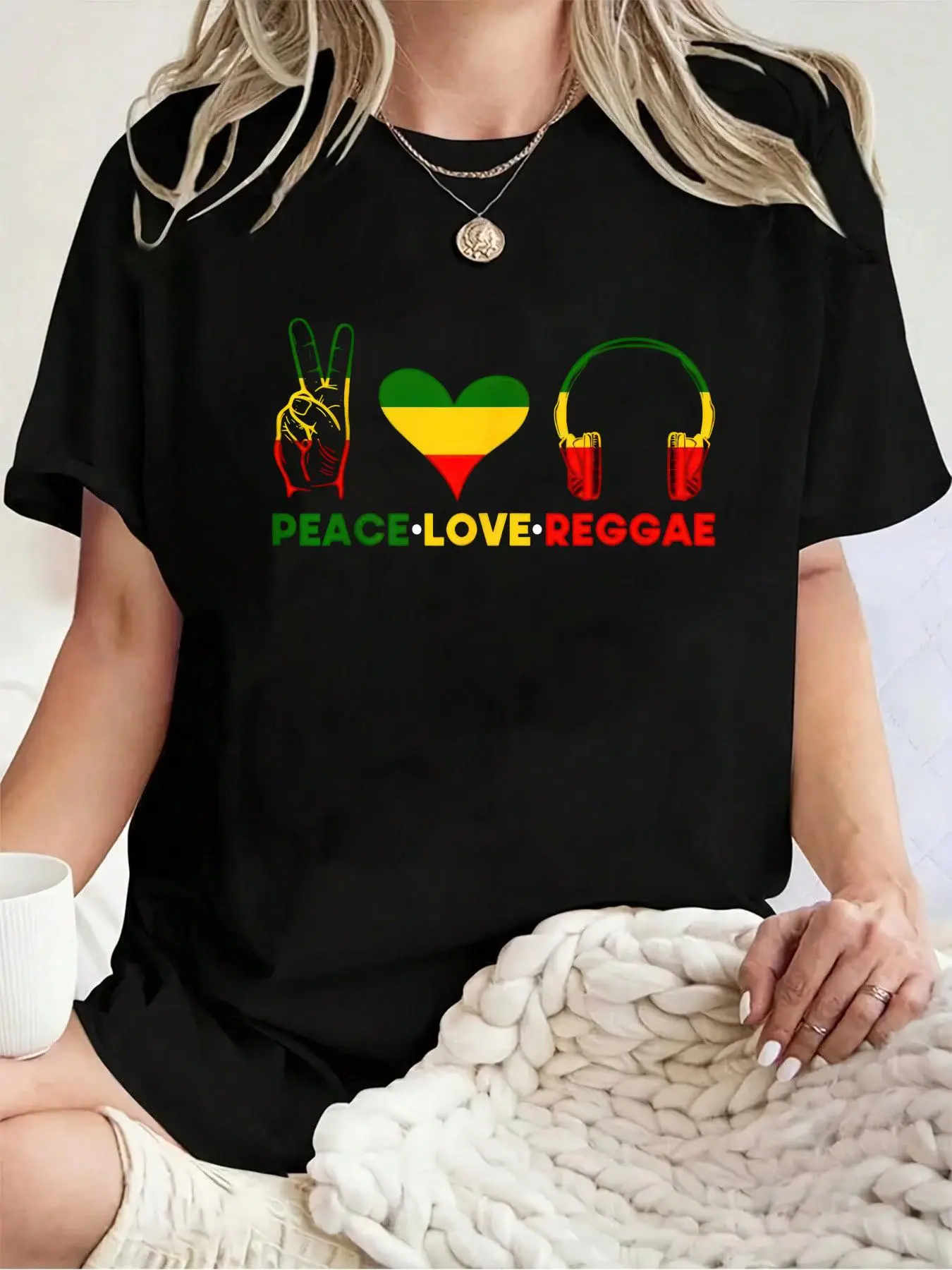 100% Cotton Jamaica Rastafarian Peace Love Reggae Music T-Shirt, Women Graphic T Shirts -  Printed Short Sleeve T-Shirt Top