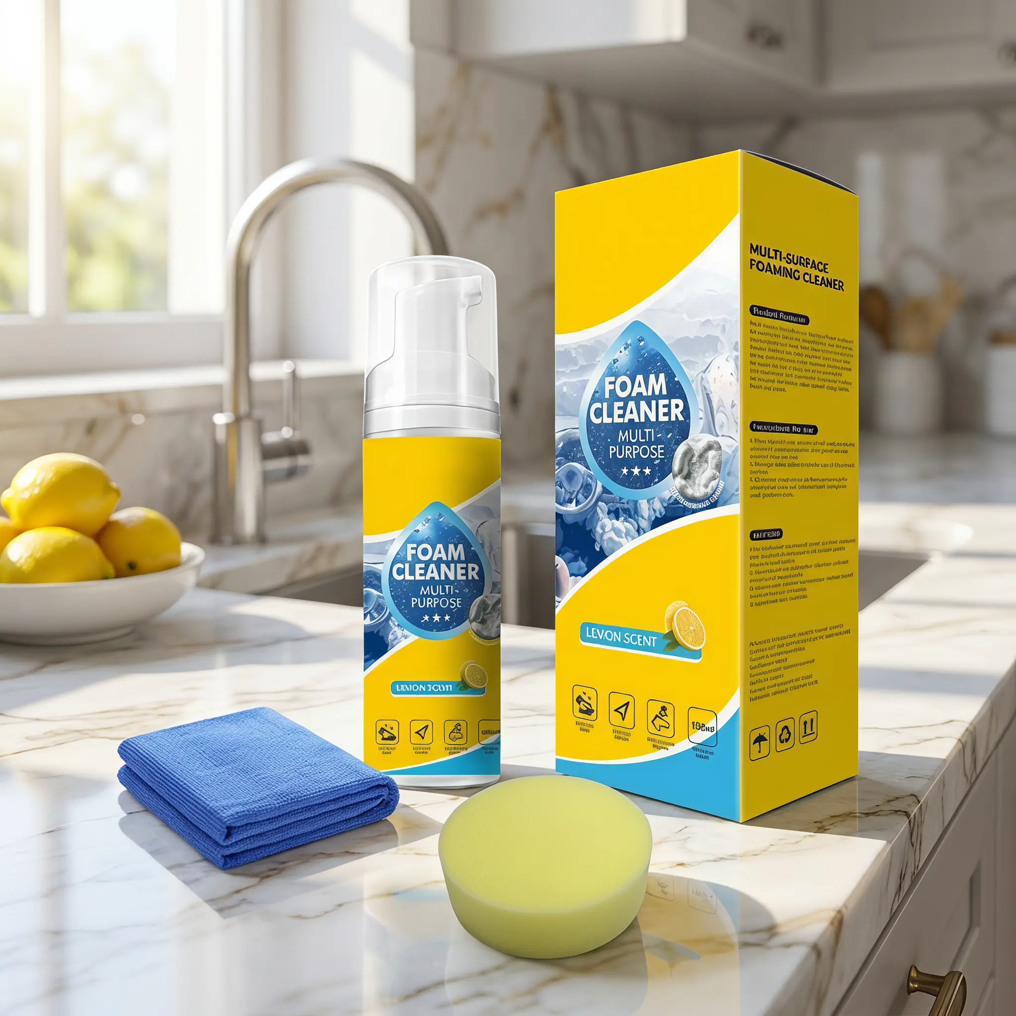 【Summer Sale Deals】Lemon Scent Multipurpose Foam Cleaner Kit, No-Rinse Foaming Stain Remover for Kitchen, Car Upholstery & Sofa, Includes High-Density Sponge & Microfiber Towel