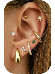 8 Pairs Flat back Golden Stud Earrings Set for Women Flat Back Stud Cartilage Earring Set Surgical Steel for Sensitive Ear 14K Gold Small Huggie Hoop Flatback Earrings for Helix Piercing Jewelry Hypoallergenic