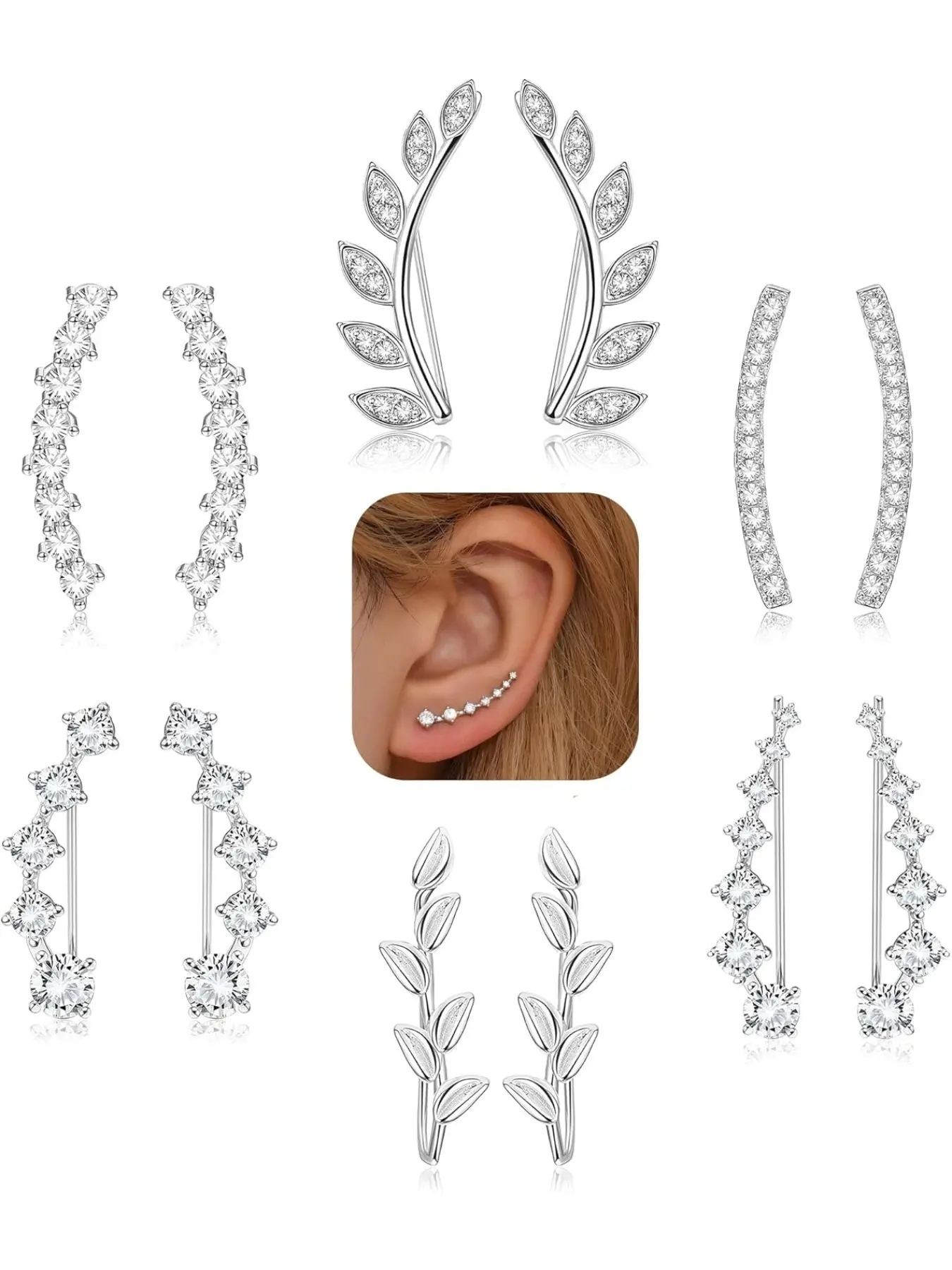 6Pairs Ear Cuffs Climber Hoop Earring CZ Arrow Crawler Stud Earring Jacket for Women Bling Stylish Fashion Earrings Jewelry Accessory Ear Hoops Ear Jacket Earrings