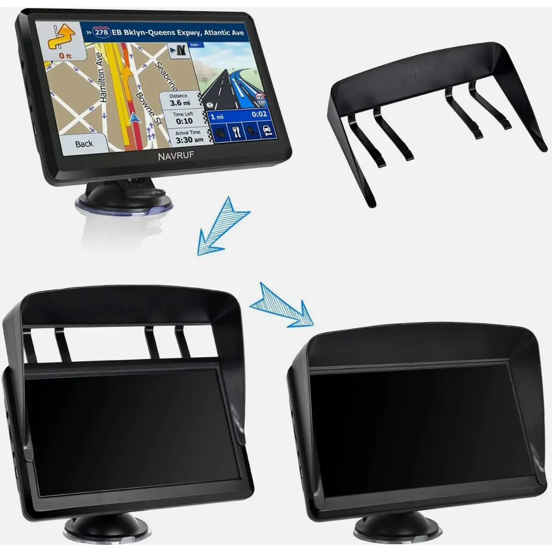 Vehicle GPS Navigation System 7‑Inch HD Touchscreen, Portable Driving Navigator with Voice Guidance, Lane Assist, Speed Camera Alerts, Route Planner, Comes with Sunshade, Bracket Mount for Cars and Trucks