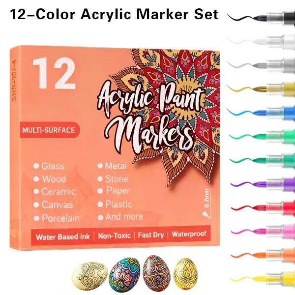 12-Color Water-Based Acrylic Permanent Marker Set - Office Stationery with Flexible Tips, Quick-Drying Waterproof Opaque Vibrant Ink, Multi-Surface Use for DIY Crafts, Back-to-School Ready Art Supplies for Kids
