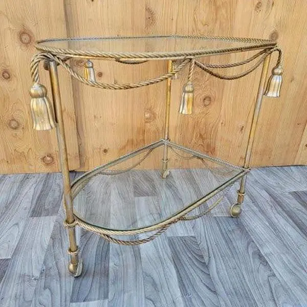 Hollywood Regency Italian Gilt Rope & Tassle Drinks Trolley Bar Cart