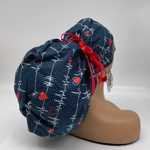 2XL JUMBO PONY Scrub Cap, EKG  cotton fabric surgical nursing hat and satin lining option for Extra long/thick Hair/Locs