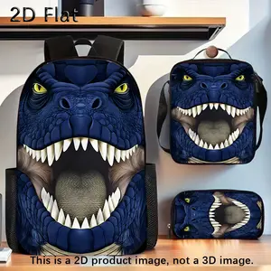 3-Piece Blue Dinosaur Roar Themed Travel Bag Set - Spacious Backpack, Pencil Case, Adjustable Shoulder Strap Zippered Crossbody/Lunch Bag, Ideal Gift for Travel & Daily Commuting, Cartoon Character Backpacks, Character-Themed Backpacks