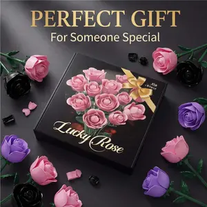 12 Blooming Pink Roses in a Bouquet of Building Blocks—DIY Assembly Set—Flower Arrangement—Deluxe Christmas and Valentine's Day Gift Box—Perfect for Home and Office Decoration—Model Collectible, Easy to Assemble, Building Block Toy—Game