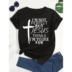 USA MadePlus Size Cross & Letter Print T-Shirt, Casual Short Sleeve Top For Spring & Summer, Women's Plus Size Clothing