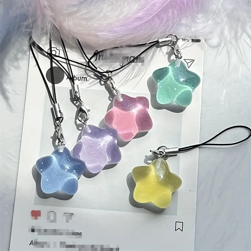 【 5-piece set 】 Cute jelly thin sparkling chubby star mobile phone rope pendant pink tender girl heart pentagram sweet bag decoration couple gift Phone Charm Phone Accessory