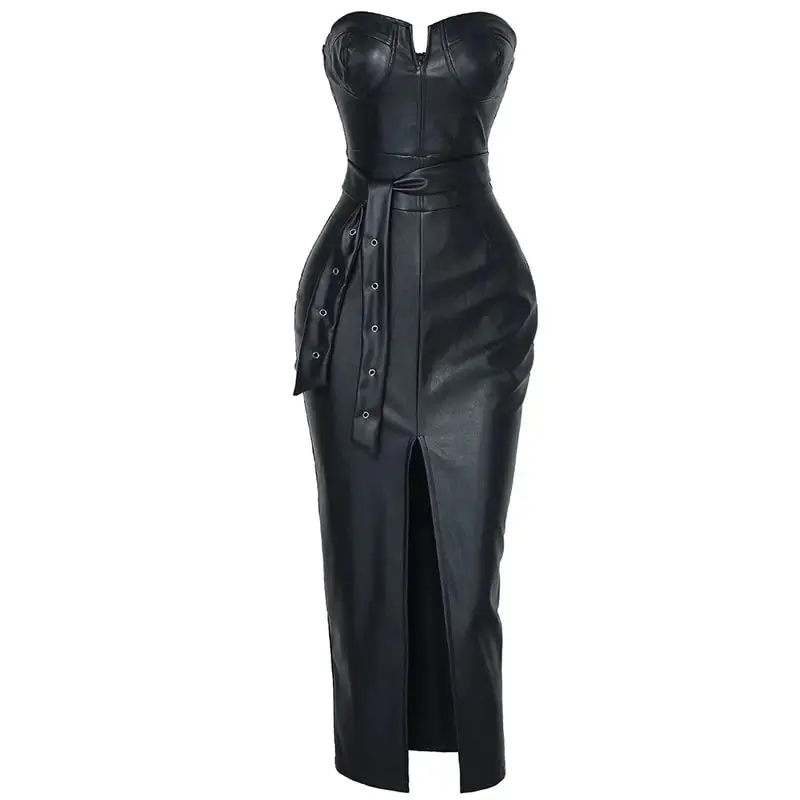 Sexy Nude Back PU Leather Dress