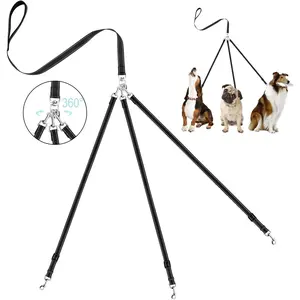 Heavy Duty Tangle Free 3/Three Way Dog Coupler Leash with Padded Handle,Reflective Triple Braid Split Lease Pet Leash for Walking 3/2/1 Medium Large Dogs Training (Black) FOBLOEER