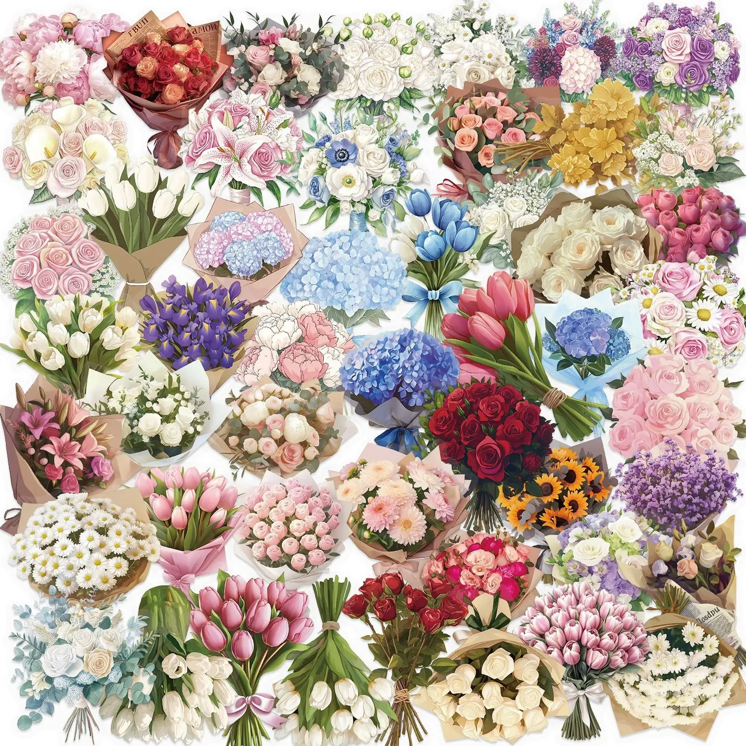 50Pcs Transparent Flower Bouquet Sticker Set Waterproof Vinyl Aesthetic Clear Floral Stickers for Scrapbooks,Laptops, Water Bottles Journals Girls Teens Adults Teachers Collectors DIY Lovers(Bouquet)