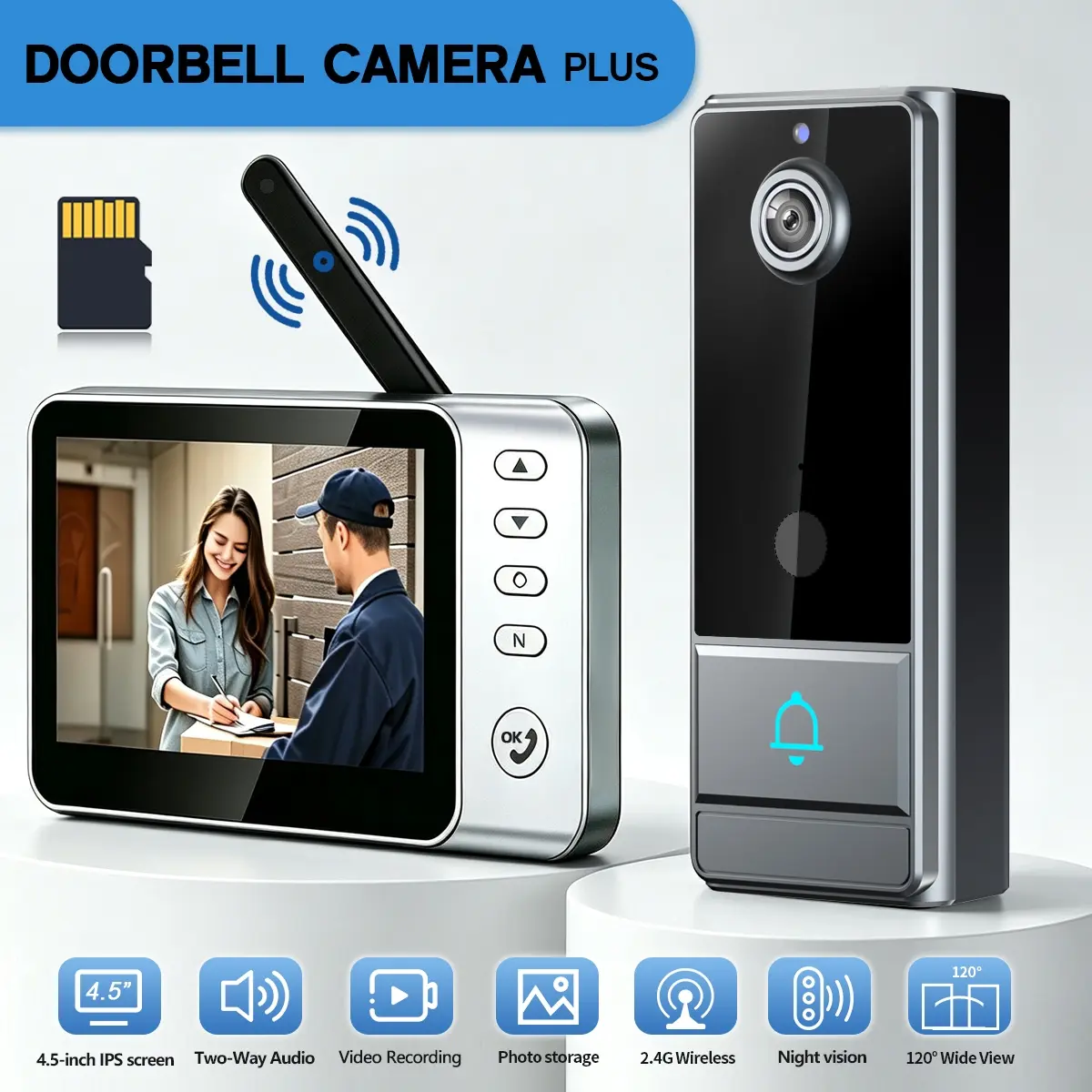 XBIBI Smart Video Doorbell Camera Plus - Wi-Fi Home Security Intercom System with 4.5in Wireless Monitor, 2-Way Audio Talk, Night Vision, Video Recording, MicroSD Support, Wall Mount Compatibility
