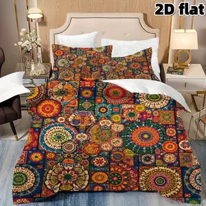 2D Flat 3Pcs Bohemian Mandala Bedding Boho Bed Set Colorful Floral Medallion Pattern Duvet Cover with Pillowcases Boho Ethnic Vintage Design Microfiber Bedsheet for Bedroom Home Decor Washable Quilt Cover (1 Duvet Cover + 2 Pillowcases, No Filling)