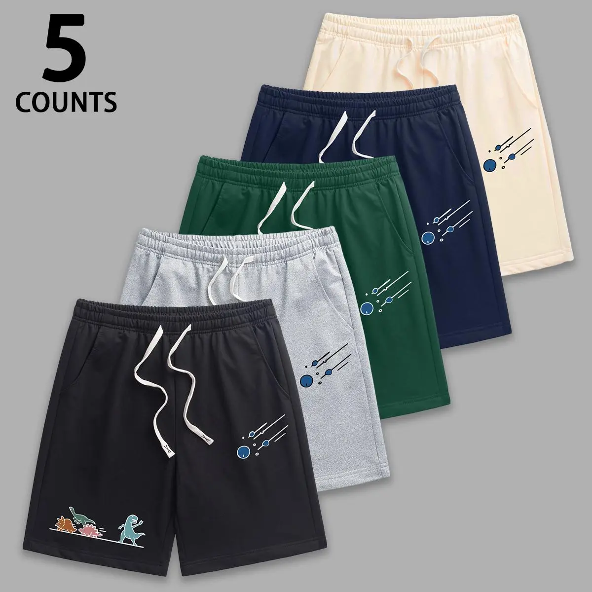 Men's 5-Piece Casual Shorts Set, Loose Fit Summer Active Wear with Dinosaur Print, Elastic Waist and Pockets, Athletic, Sports Clothes, Activewear, Stylish, Sportswear, Sporty Chic, Dinosaur Escape, Basic, Drawstring, Fashion, Street, 5-Piece Set, Menswea