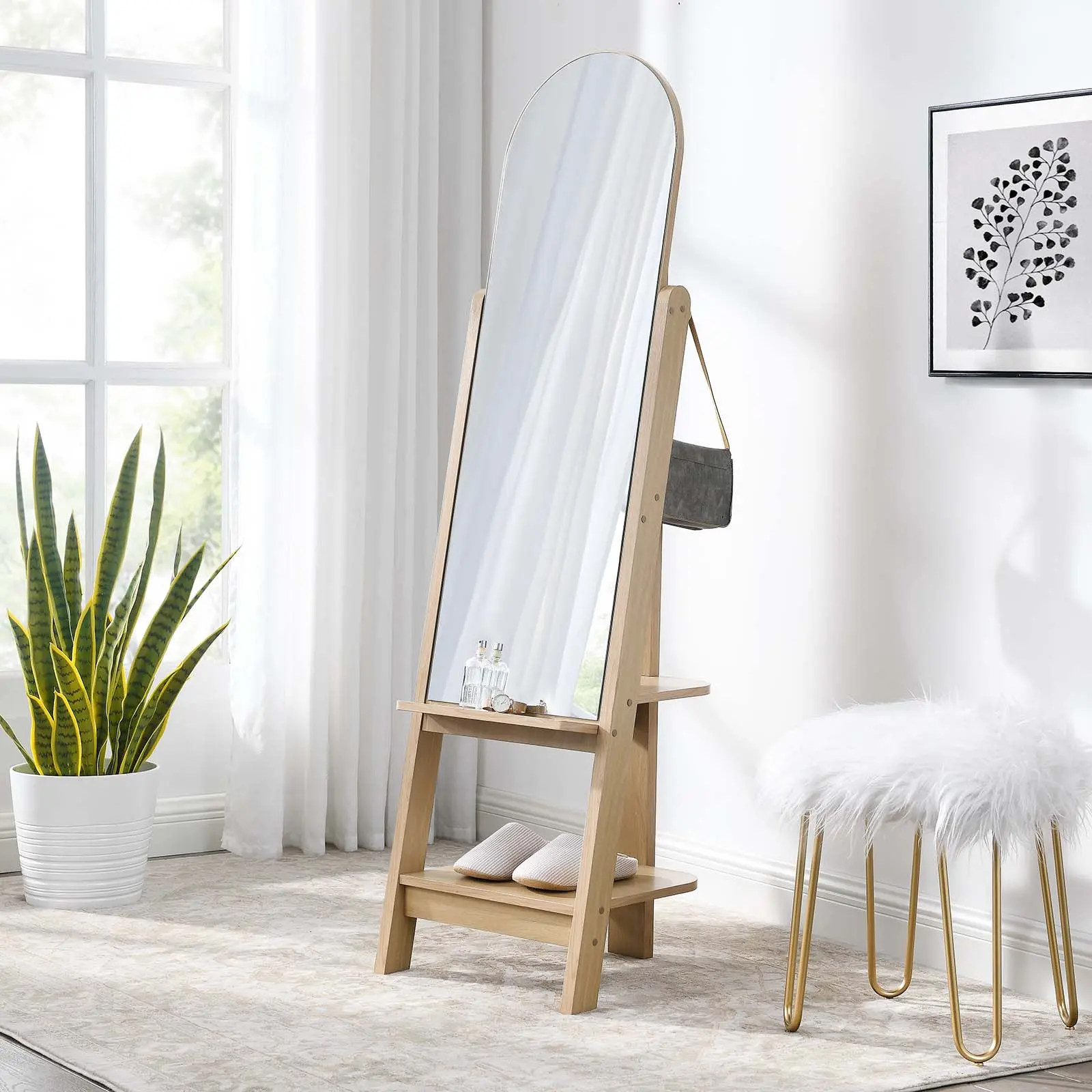 Modway Ascend Modern Arched Shape Easel Standing Mirror - Oak Finish, Glass Surface, Hanging-Ready, Shelf-Integrated Home Decor for Living Room, Ideal for Outfit Check, Easel Mirror